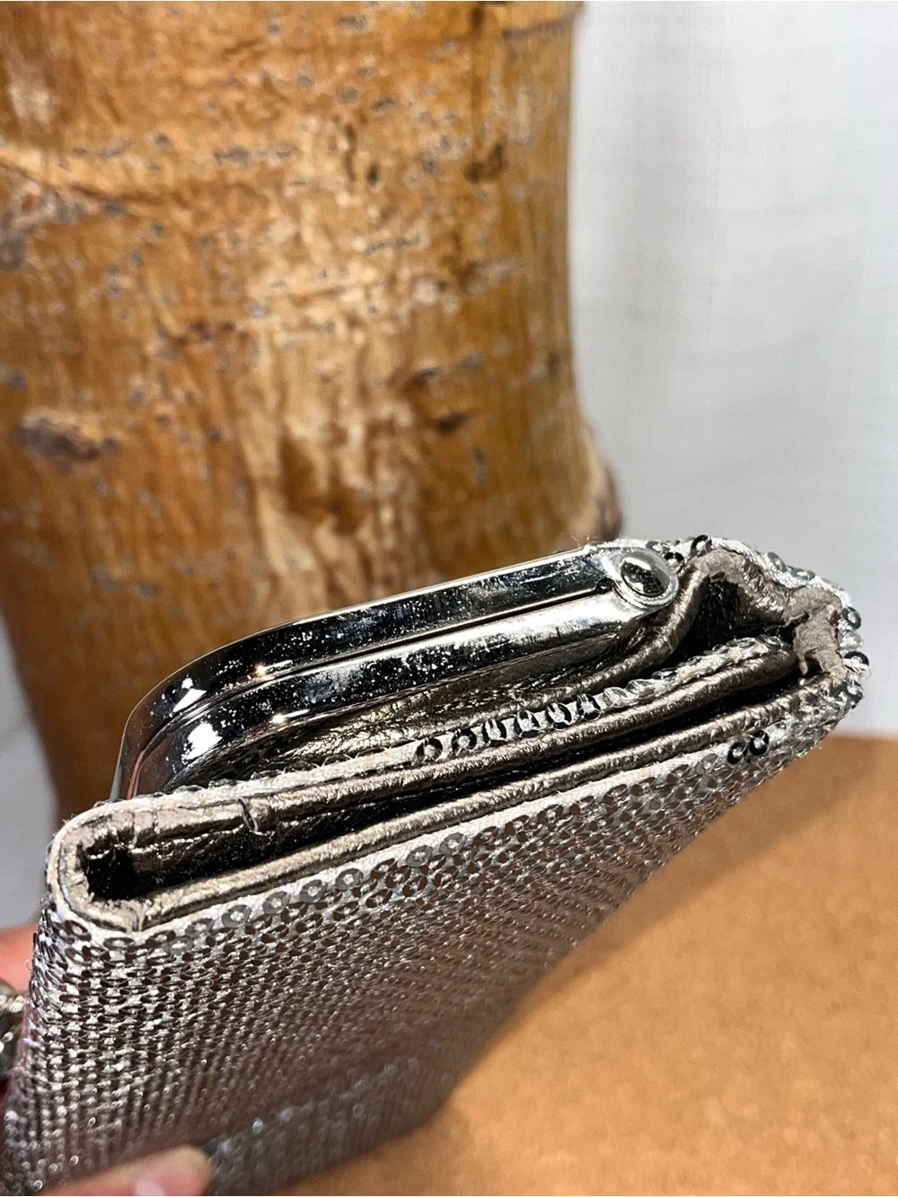 Metallic Silver Sequin Clutch Wallet Kiss Lock Frame Checkbook Organizer Evening